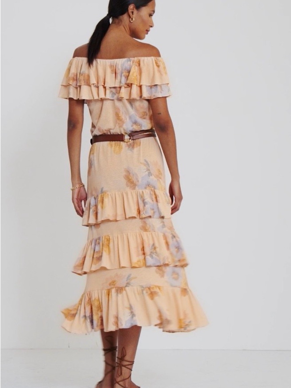 Ralph Lauren Black Label NWT Floral Tiered Off Shoulder Midi Dress Linen Blend L